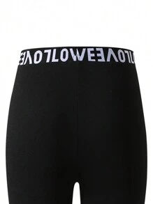 SHEIN Tween Girls Fashion English Text 3pcs Set, Includes Long Leggings, Basic Style, Elastic - Black - View 3