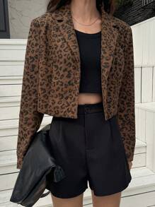 DAZY Áo khoác blazer ngắn thường ngày in họa tiết da báo cho nữ, tay dài, cổ ve lật, cài một hàng khuy, mùa thu - Cà phê nâu - Xem 2