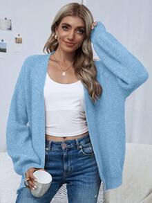 SHEIN LUNE 纯色刺绣宽松休闲百搭针织开衫，长袖 - 藍色 - 查看 4