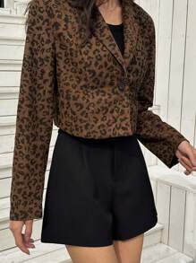 DAZY Áo khoác blazer ngắn thường ngày in họa tiết da báo cho nữ, tay dài, cổ ve lật, cài một hàng khuy, mùa thu - Cà phê nâu - Xem 4