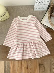 SHEIN LMoss Kids LMoss Baby Girl Babygirl Cute Knit Striped Long Sleeve Dress, Autumn/Winter