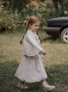 SHEIN Young Girl 3D Floral Decor Frill Trim Vest, Long Sleeve Top And Skirt Cute 2pcs Set, Spring Autumn - Multicolor - View 6