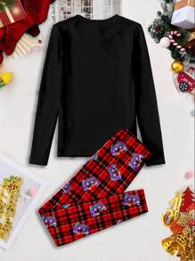SHEIN Leap Crew 青少年男孩圣诞游戏玩家印花格子图案休闲简约紧身长袖圆领裤保暖内衬家居服，适合秋冬季