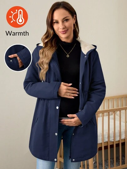 SHEIN Maternity Fleece Button Up Hooded Jacket Long Sleeve Coat, Plain Color For Pregnant Women, Autumn & Winter