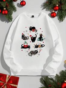 Manfinity Homme 1pc Oversized Loose Drop Shoulder Crew Neck Sweatshirt With Cute Kitten Christmas Pattern Print, Christmas Gifts - White - View 2