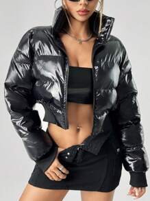 SHEIN ICON Women Plain Front Zipper Simple Casual Long Sleeve Smooth Zipper Padded Coat - Black - View 1