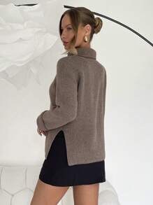 Chiquease Women's Solid Color Long Sleeve High Neck Basic Split Hem Sweater, Casual Daily Wear, Knit Pullover Fall Winter - Brown - View 2