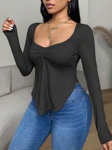 BamGleam SXY 纯色 INS 新品方领长袖荷叶边不对称下摆女式休闲 T 恤秋季女装 - 黑色 - 查看 6