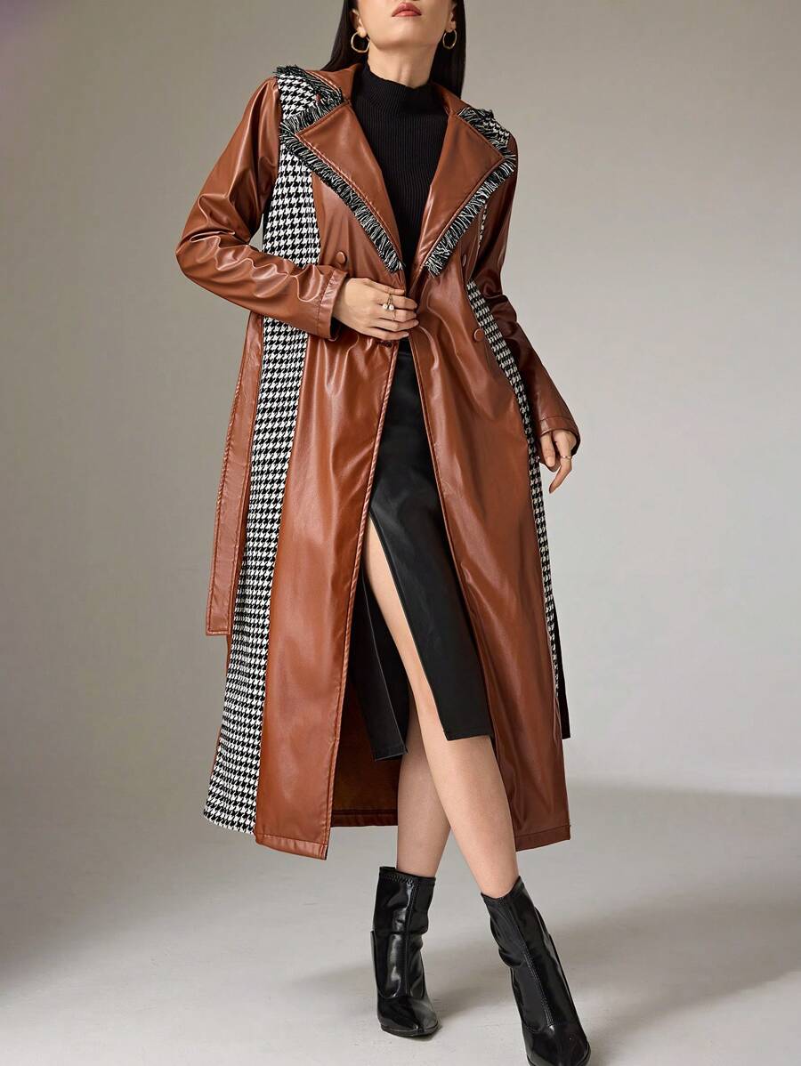Modelyn Damen einfarbige Jacke mit Krawattenfront und Knopfverschluss, Langarm, Lässig - Khaki - Übersicht 1
