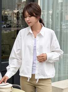 DAZY Women's Turn-Down Collar Loose Hem Drawstring Jacket Long Sleeve Top - White - View 3
