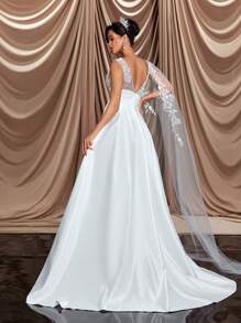 Glamrae 优雅奢华奶油色缎面蕾丝拼布单肩大灯笼袖大裙，适合婚礼、活动、派对和度假 - 米色 - 查看 3