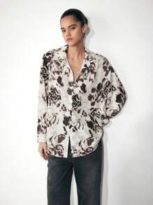 Maija 女士休闲衬衫领扣式长袖印花衬衫，简约时尚百搭，适合日常穿着，早春 - 黑色 - 查看 1