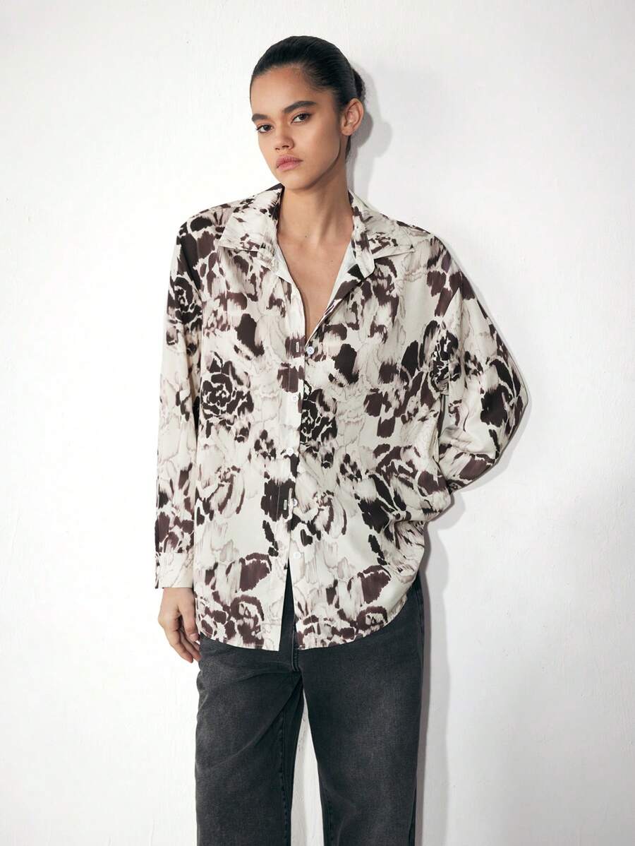 Maija 女士休闲衬衫领扣式长袖印花衬衫，简约时尚百搭，适合日常穿着，早春 - 黑色 - 查看 1