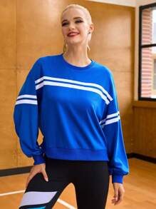 Cheerettes 女士休闲字母图案撞色条纹饰边落肩宽松运动衫 - 藍色 - 查看 5