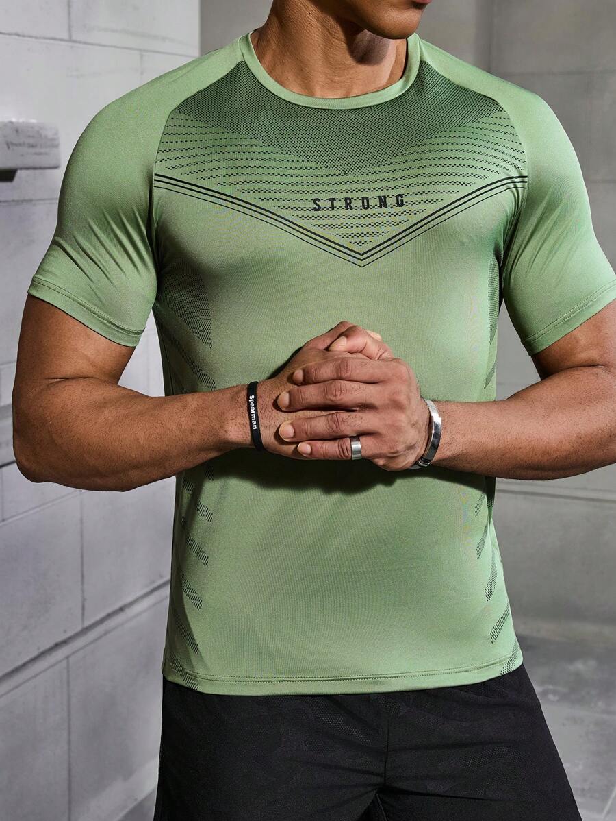 Manfinity Fitness Áo thun thể thao tay ngắn in chữ lưới thường ngày phong cách bạn trai dành cho nam, mùa hè - màu xanh lá - Xem 1