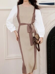 DAZY Váy len thắt eo phối màu cho nữ, trang phục mùa thu - Màu Khaki - Xem 1