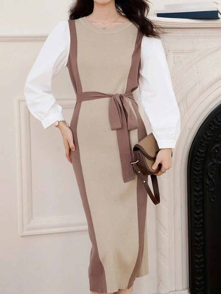 Color Block Waist Belt Sweater Dress For Women,Fall Clothes
