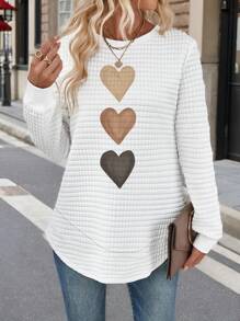 SHEIN LUNE Casual Minimalist Heart Print Plus Size Waffle Knit Sweatshirt, Suitable For Autumn/Winter - Multicolor - View 1