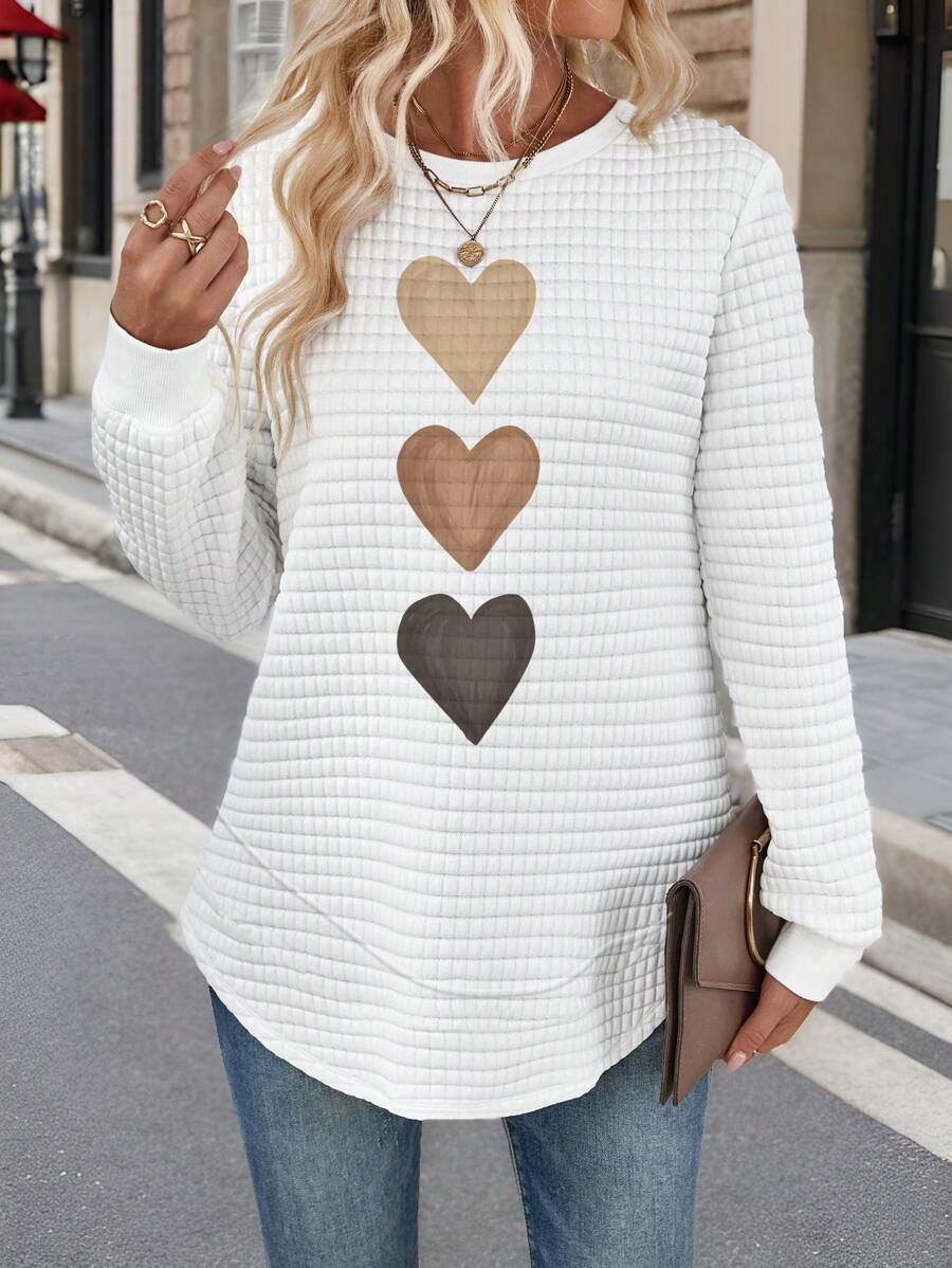 SHEIN LUNE Casual Minimalist Heart Print Plus Size Waffle Knit Sweatshirt, Suitable For Autumn/Winter - Multicolor - View 1