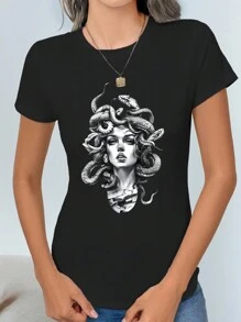 Calvaya Women's Summer Character Printed Round Neck Short Sleeve Casual T-Shirt Graphic Tees Women Tops