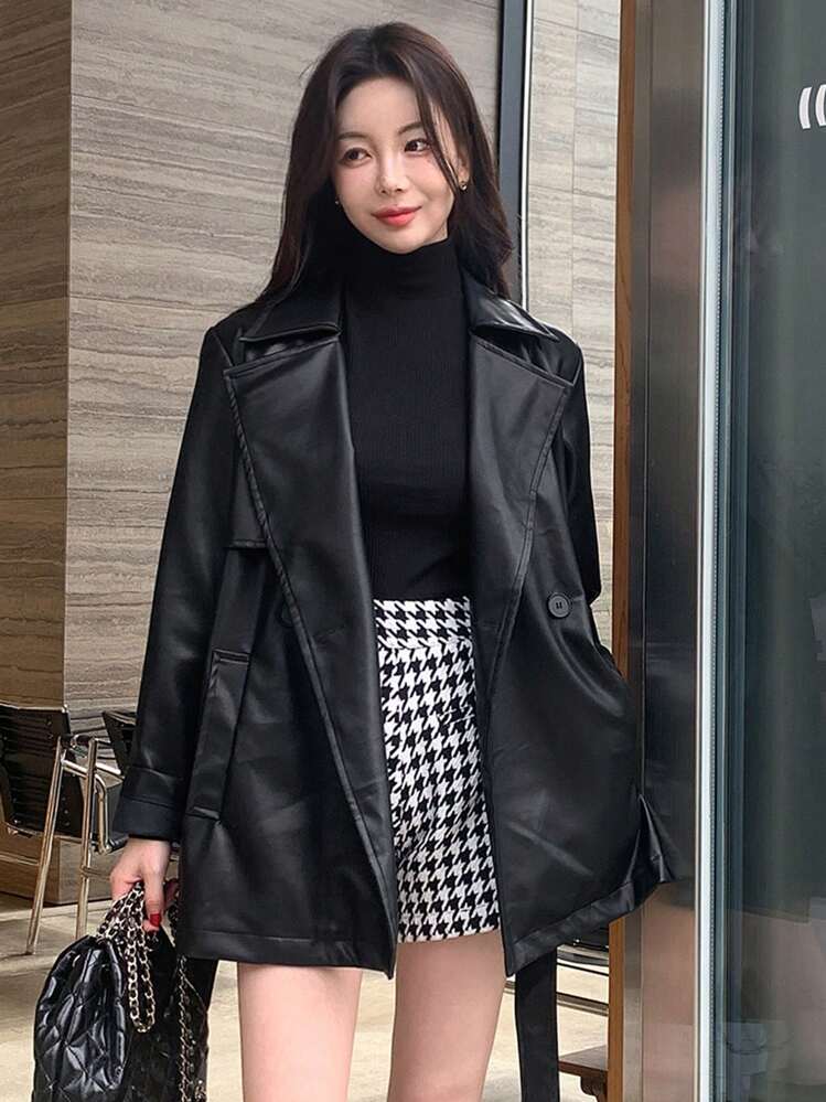 Livesso 纯色皮革宽松腰带女式常规夹克 - 黑色 - 查看 4