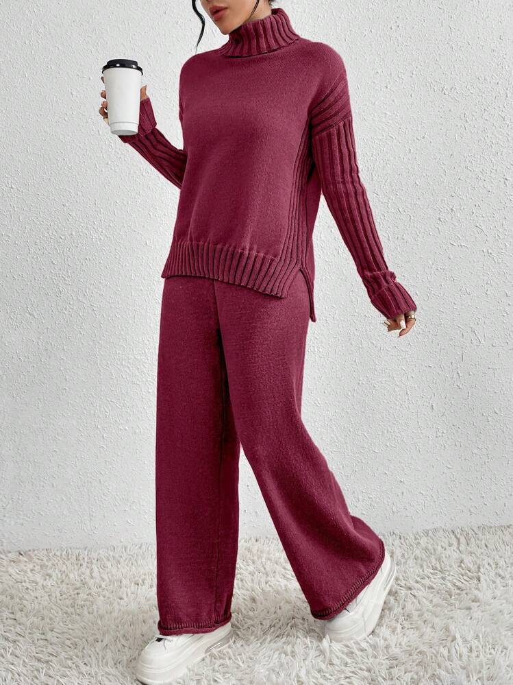 Chiquease 2pcs/Set Women Solid Color High Neck Drop Shoulder Long Sleeve Sweater And Knitted Long Pants Casual Outfit, Autumn/Winter - Redwood - View 4