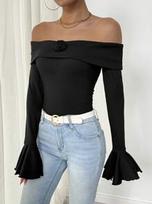SHEIN Unity Sexy Form-Fitting Knit Off-Shoulder Flare Sleeve 3D Flower Decor Bodysuit, For Women, Autumn/Winter Fall Cloth For Women - Black - View 5