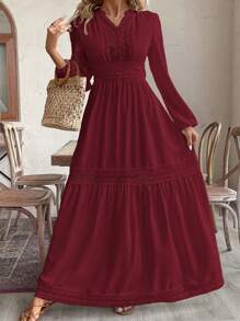 SHEIN VCAY Vestido elegante de talla grande para mujer, de unicolor con cuello en contraste tipo escote, mangas farol y encaje - Burdeos - Ver 1