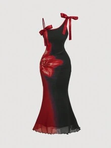 SHEIN MOD Plus Size Vintage Floral Asymmetrical Neck Fish Tail Hem Long Dress For Ladies,Birthday Women Outfits,.,.Women Dress,Party Women Outfits,. Eve Dress, Giving,.,.Party Dress,Holiday Dress,Elegant Dress,Party Women Dresses,Formal Dress,.S Dress - Black - View 1