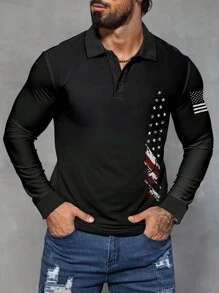 Manfinity Homme Men's Casual US Flag Print Polo Shirt, Long Sleeve Polo Shirt,Black Polo Shirt - Black - View 1