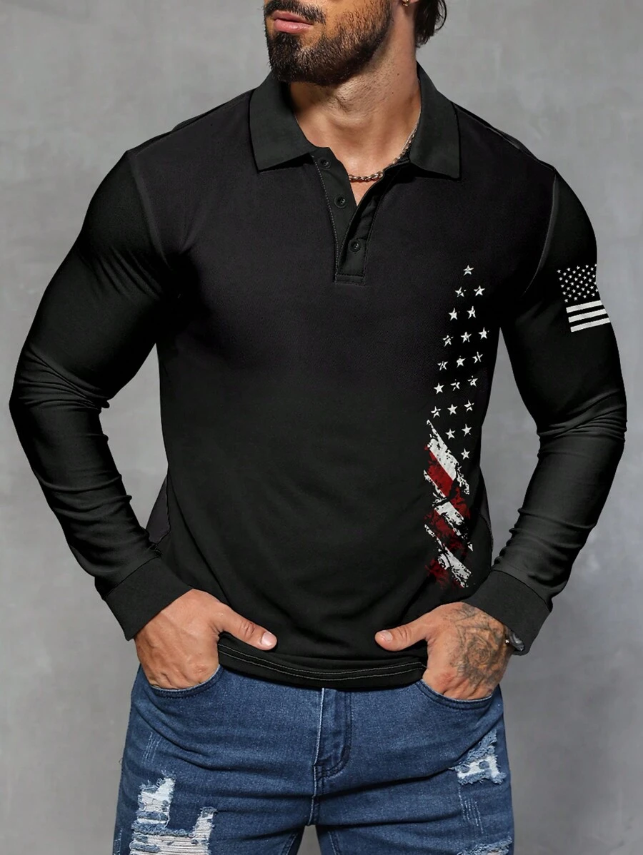 Manfinity Homme Men's Casual US Flag Print Polo Shirt, Long Sleeve Polo Shirt,Black Polo Shirt - Black - View 1