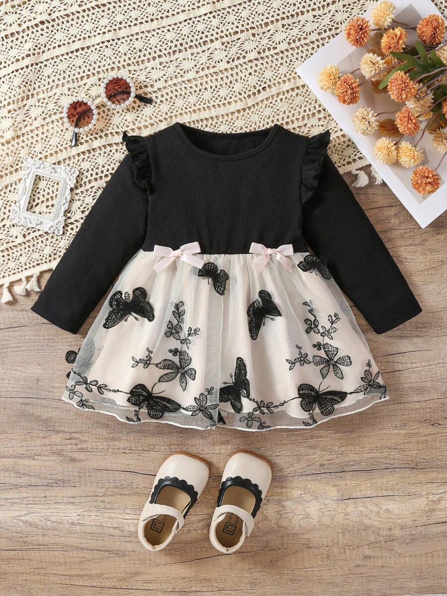 1pc Baby Girl Cute Butterfly Embroidery Bodysuit, Autumn/Winter - Multicolor - View 1