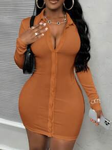 Slaydiva 1 件白色 Polo 领前纽扣长袖罗纹面料紧身迷你连衣裙，休闲风格