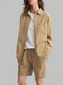 Ontre 2 pièces Ensemble chemise et shorts en velours côtelé en coton pour femmes, tenue casual, automne/hiver - Kaki - Voir 3