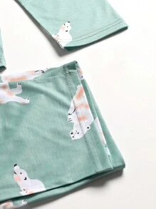 Conjunto de pijama de manga larga con estampado de animales de dibujos animados para adolescentes chicas - verde menta - Ver 5