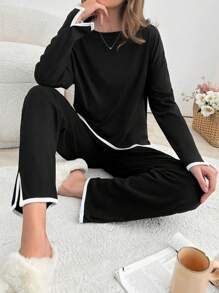 EURMUSE 2pcs Cotton Contrast Colour Piping With Slit Detail Homewear Set - Black - View 1