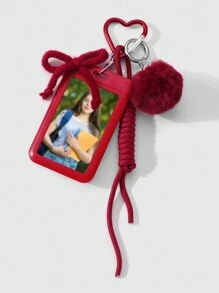 ROMWE Kawaii 1 件甜美酷炫时尚高品质学院风秋冬红色毛绒球纱蝴蝶结可调节挂绳纯色透明校园卡 ID 夹 DIY 钥匙扣包饰，适合上班族、学生、日常穿着和礼物