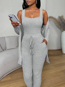 Zolique Bộ 3 áo ba lỗ cổ lọ dệt kim màu trơn thời trang xuân/thu cho nữ và quần - Xám - Xem 7