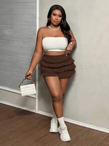 Slaydiva Quần short mini cạp thấp màu trắng dễ thương cỡ lớn có viền bèo nhún - màu nâu - Xem 3