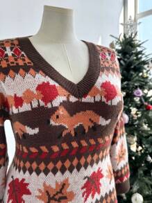 Sunnyshic Plus Size Casual Jacquard Pattern Christmas Sweater Dress, Suitable For Thanksgiving, For Winter - Multicolor - View 6