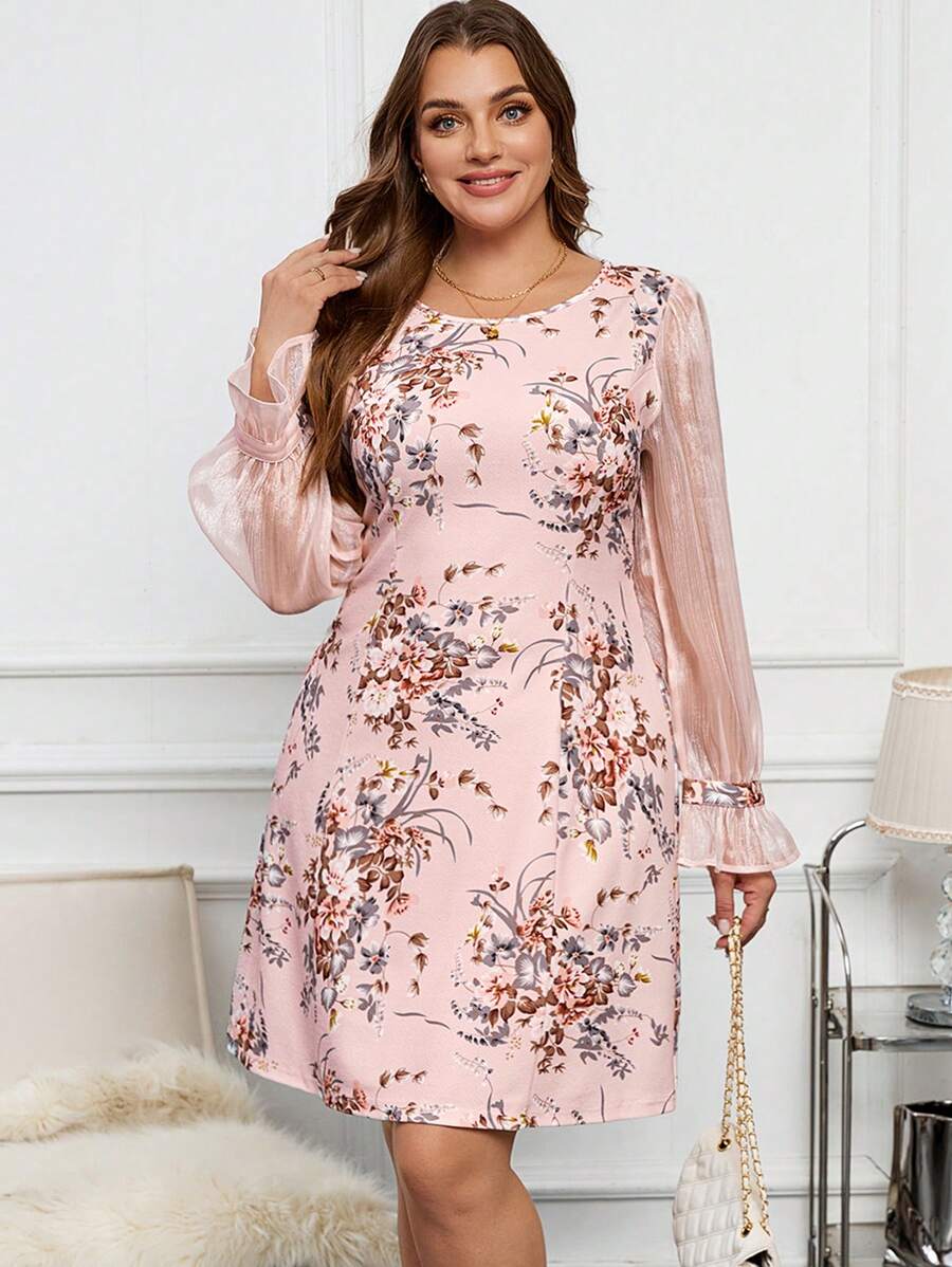 SHEIN Clasi 优雅浪漫花卉印花大圆领长袖修身短款女式加大码连衣裙 - 粉色 - 查看 1