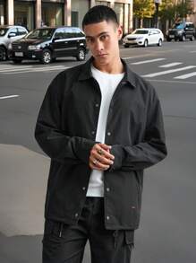 Manfinity VCAY Men's Loose Fit Casual Graphic Print Button-Down Long Sleeve Shacket