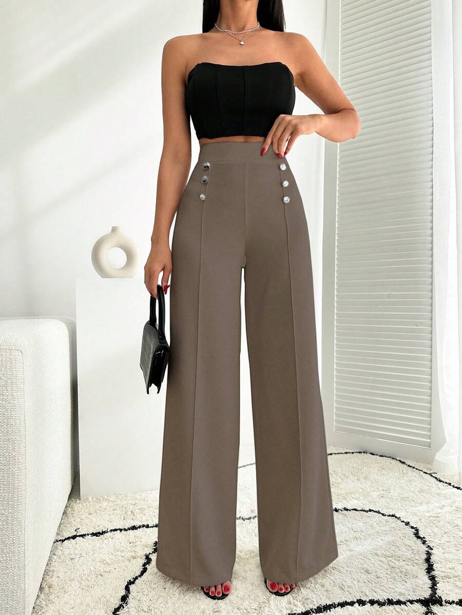 EURMUSE White Wide Leg Pallazzo Pant With Button Detail - Mocha Brown - View 1
