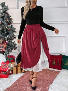 SHEIN Clasi 女款純色拼接百褶極簡風裙，休閒日常穿著 - 紅色 - 查看 6