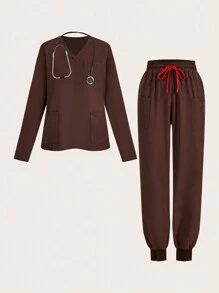 TaskEZ 1 套纯色 V 领长袖上衣和裤子制服手术服套装