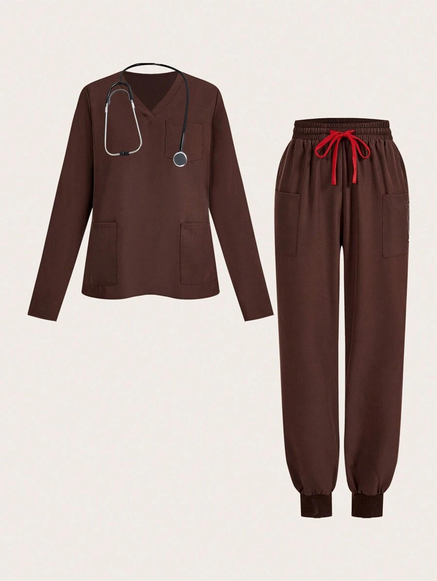 TaskEZ 1 套纯色 V 领长袖上衣和裤子制服手术服套装