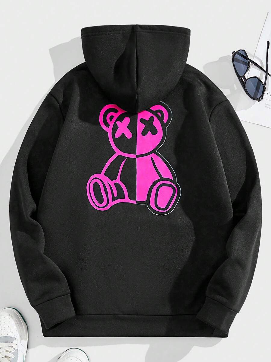 Manfinity RebelGame Áo nỉ trùm đầu in hình gấu thường ngày cho nam, Thu/Đông - Màu xanh lam - Xem 1