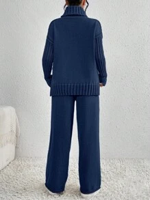 Calvaya 2pcs/Set Women Casual High Neck Drop Shoulder Sweater And Pants, Autumn/Winter - Royal Blue - View 2