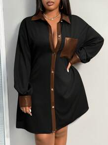 Slaydiva Koszula damska PU Patchwork w kolorze bloku, w stylu casual, w dużych rozmiarach