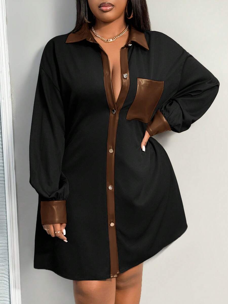 Slaydiva Koszula damska PU Patchwork w kolorze bloku, w stylu casual, w dużych rozmiarach